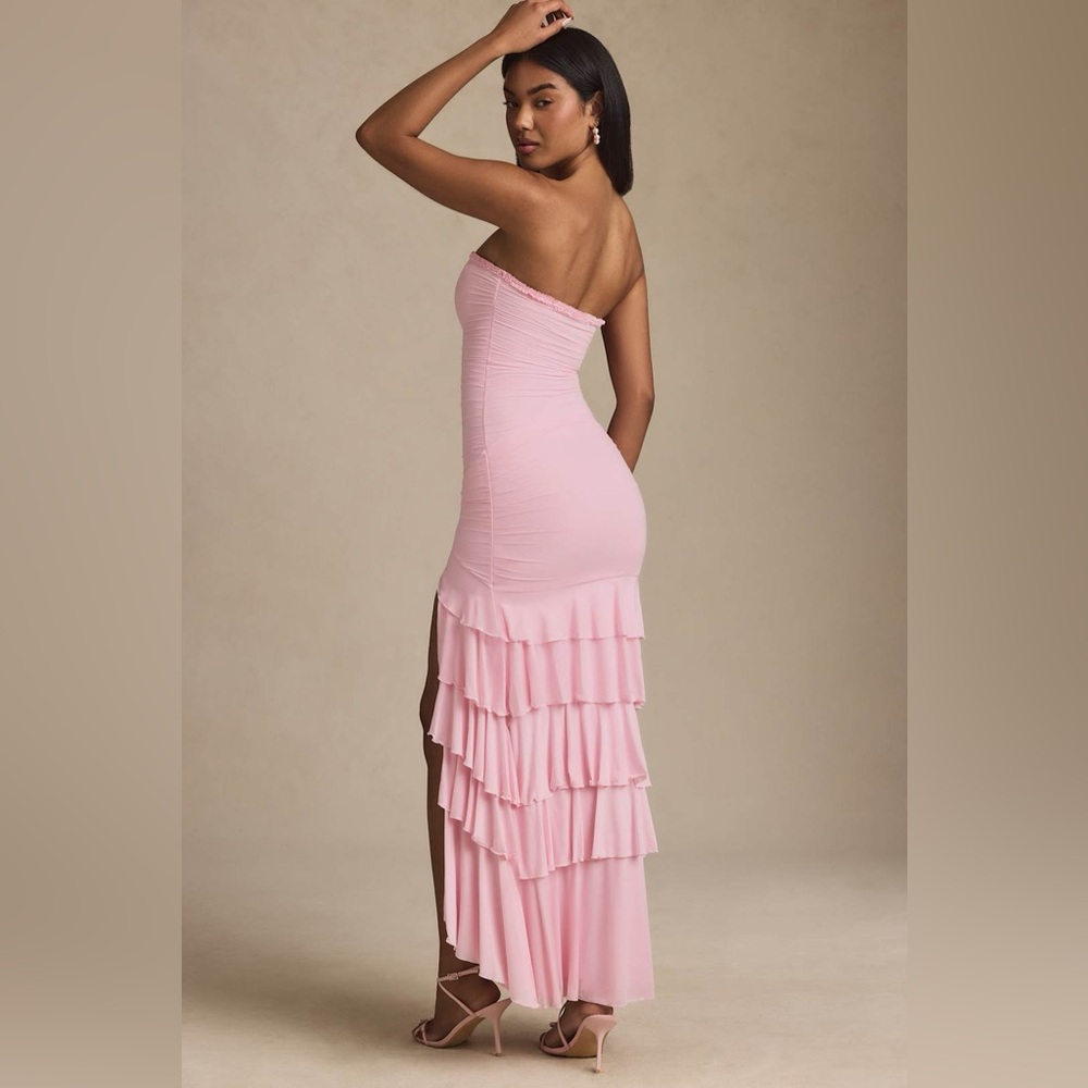 Oh Polly Hayami Bandeau Ruched Ruffle-Trim Maxi Dress in Blush - Size 2 - Picture 5 of 16